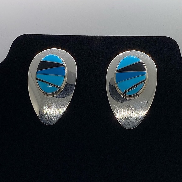 Jewelry - Sterling Silver Block Multi Stone Inlay Post Earrings SIGNED turquoise Navajo